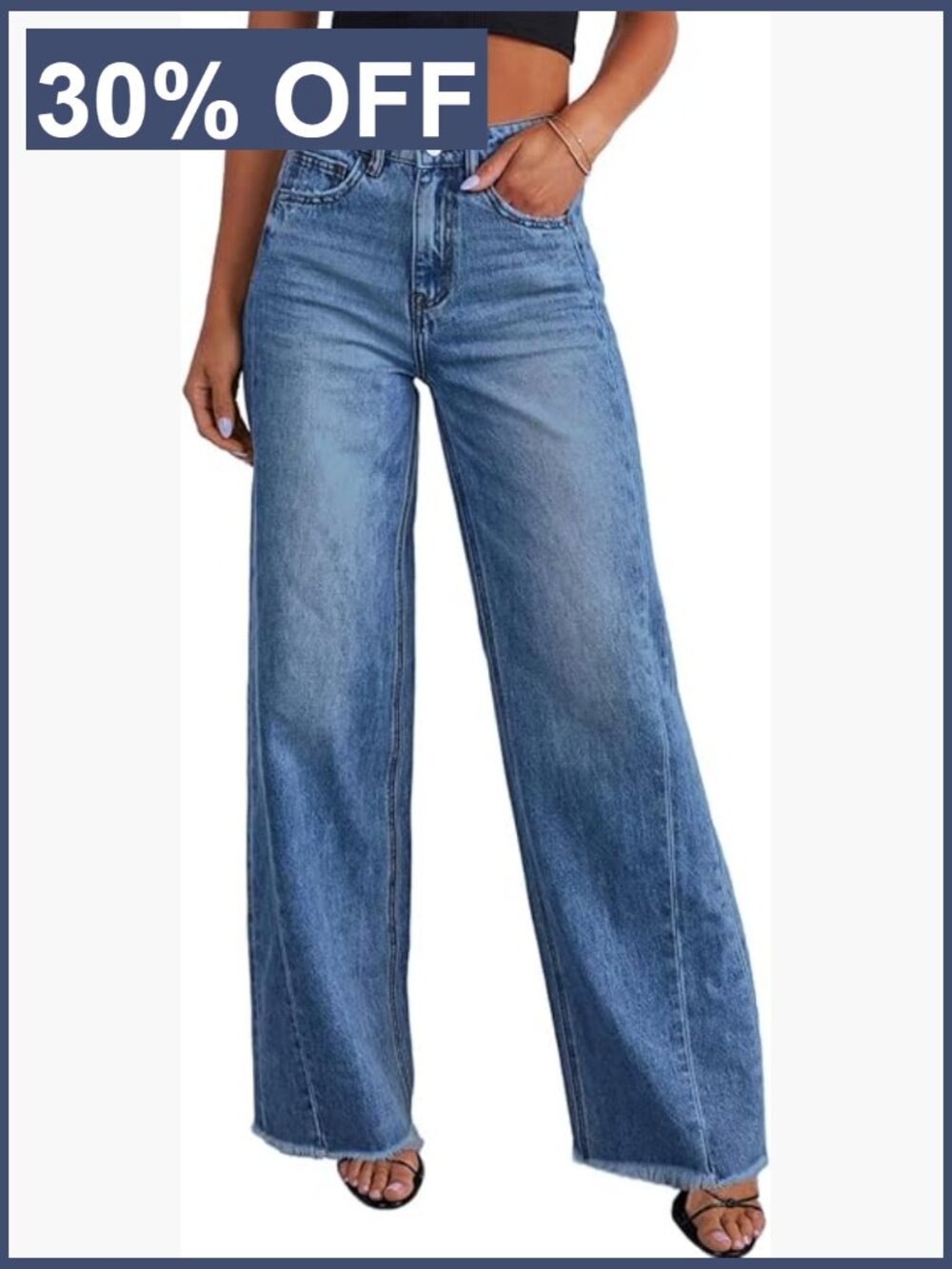 High Waisted Wide Leg Jeans Stretchy Raw Hem Denim Pants Women